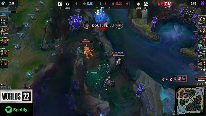 Update Worlds 2022: EU> Na, G2 destroy EG – Photo 3″ width=”800″ height=”450″/>
<figcaption>The overwhelming fight of G2</figcaption>
<br />
</figure>
<p>With the advantage over time, G2 gradually strangled the opponent in each processing phase. In the 23rd minute, G2 forced EG to withdraw by overwhelming fighting, Varus could not shoot while Aphelios freely fired; Seeds No. 3 LCS broken, G2 has a baron without losing too much effort.</p>
<figure class=